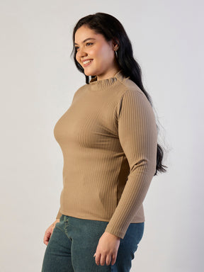 Beige High Neck Rib Top-SASSAFRAS CURVE