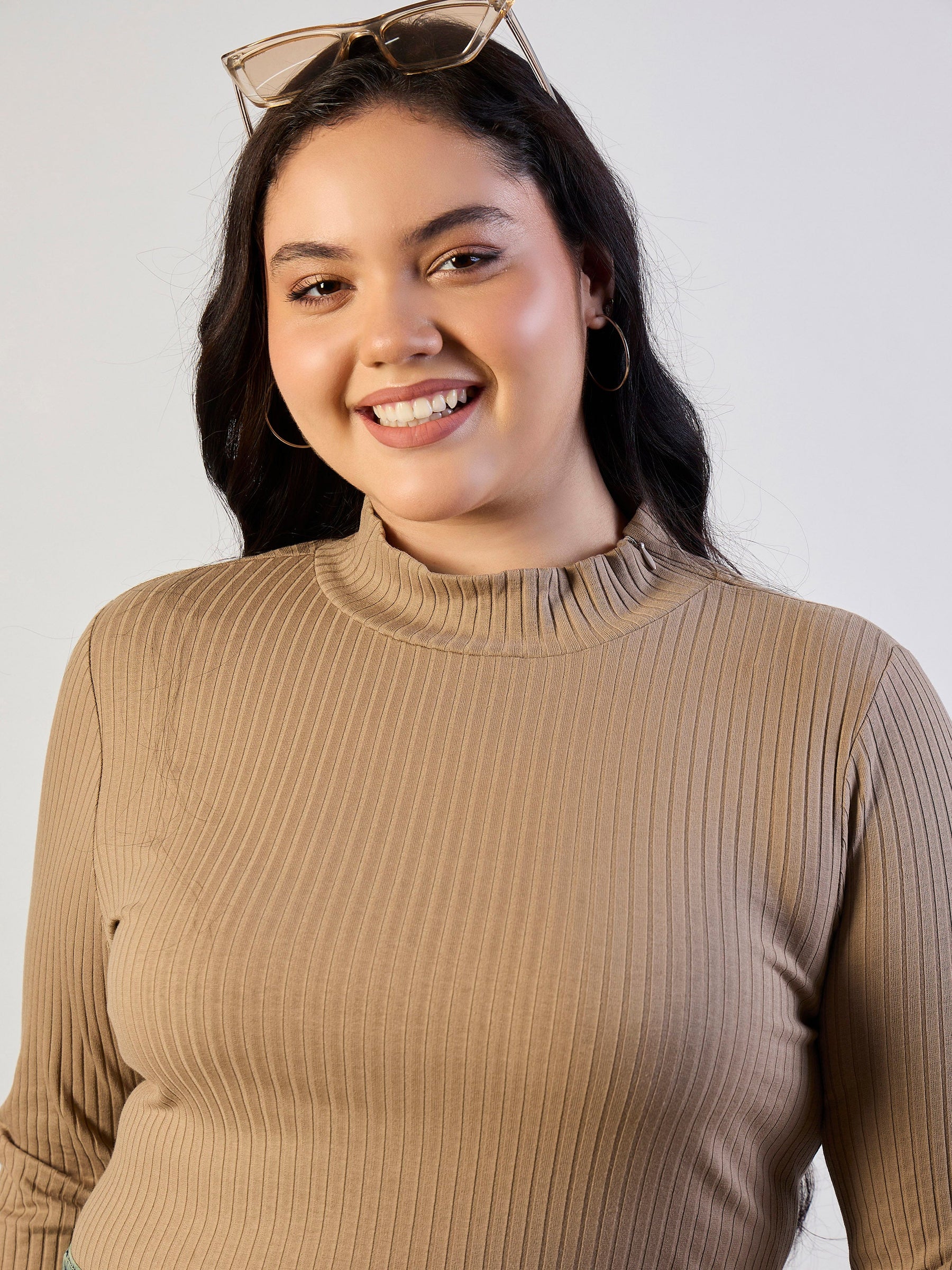 Beige High Neck Rib Top-SASSAFRAS CURVE