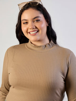 Beige High Neck Rib Top-SASSAFRAS CURVE