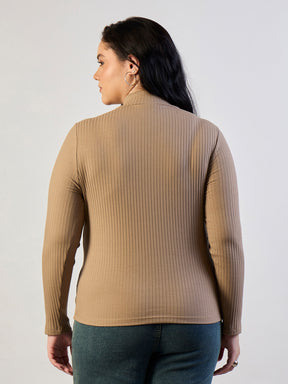 Beige High Neck Rib Top-SASSAFRAS CURVE