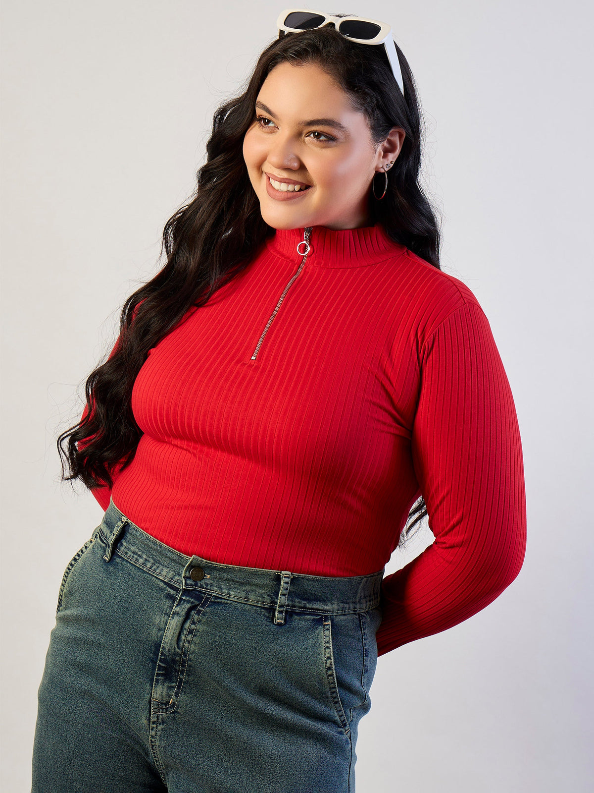 Red Rib Front Zipper Top-SASSAFRAS CURVE