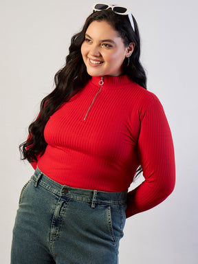 Red Rib Front Zipper Top-SASSAFRAS CURVE