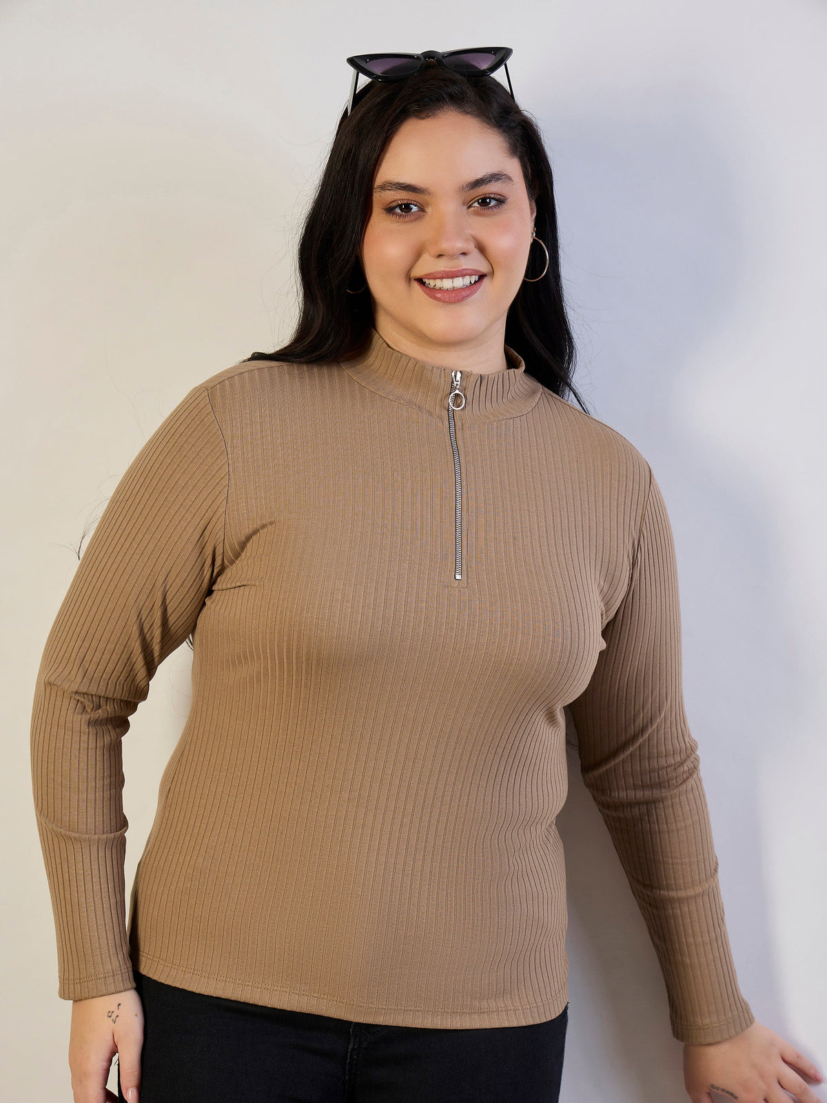 Beige Rib Front Zipper Top-SASSAFRAS CURVE