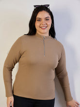 Beige Rib Front Zipper Top-SASSAFRAS CURVE