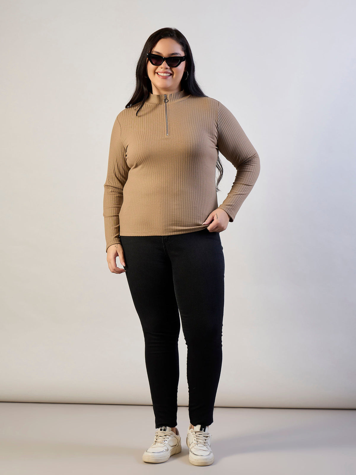 Beige Rib Front Zipper Top-SASSAFRAS CURVE