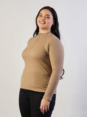 Beige Rib Front Zipper Top-SASSAFRAS CURVE
