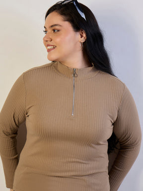 Beige Rib Front Zipper Top-SASSAFRAS CURVE