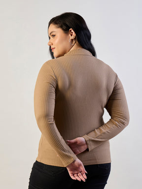 Beige Rib Front Zipper Top-SASSAFRAS CURVE