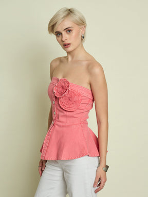 Pink Denim Corsage Button Down Top-SASSAFRAS
