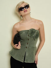 Olive Denim Corsage Button Down Top-SASSAFRAS