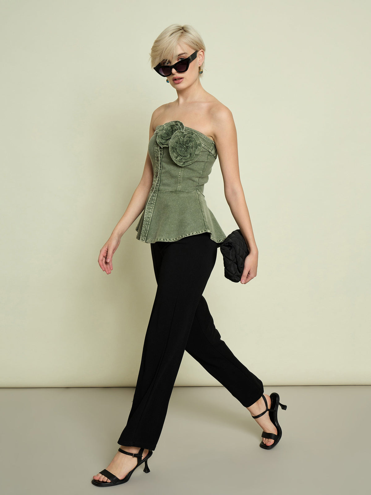 Olive Denim Corsage Button Down Top-SASSAFRAS