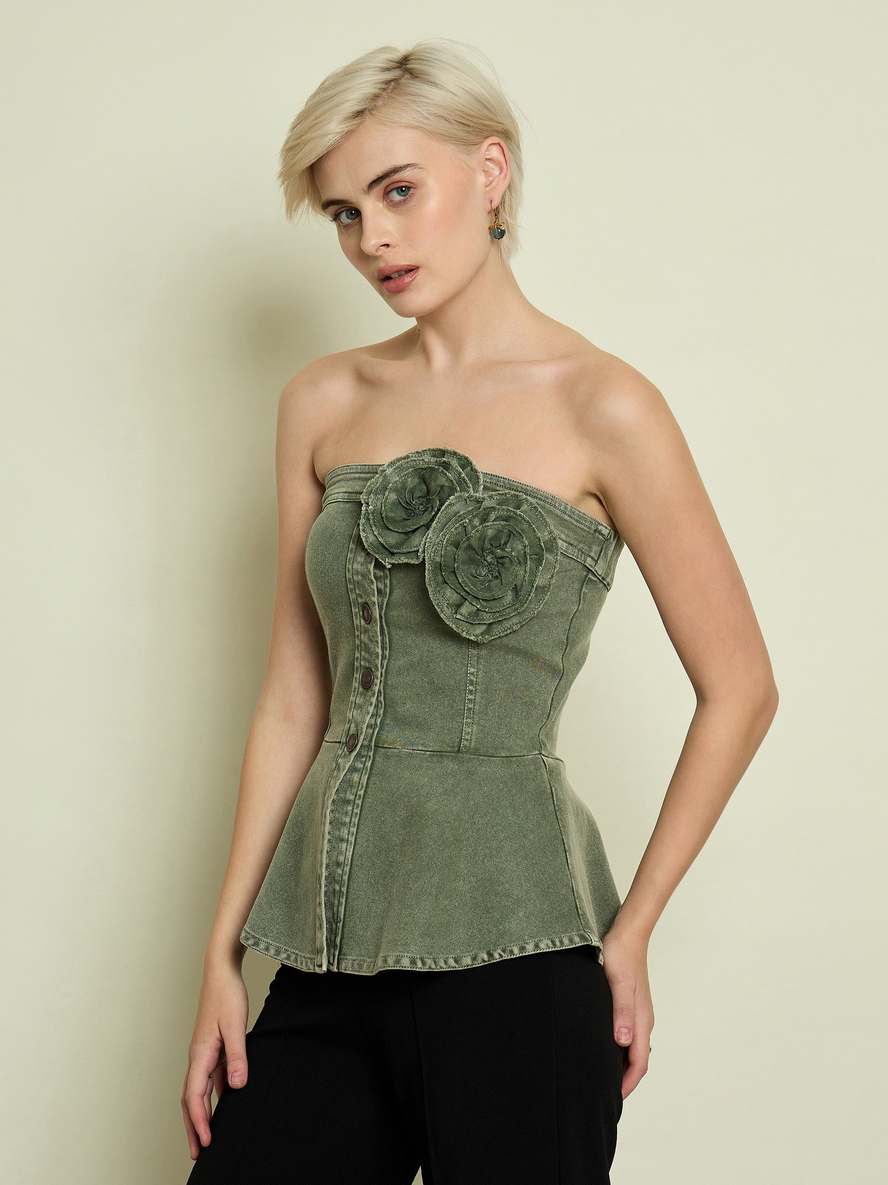 Olive Denim Corsage Button Down Top-SASSAFRAS