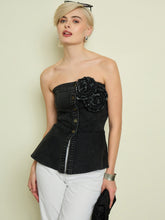 Black Denim Corsage Button Down Top-SASSAFRAS