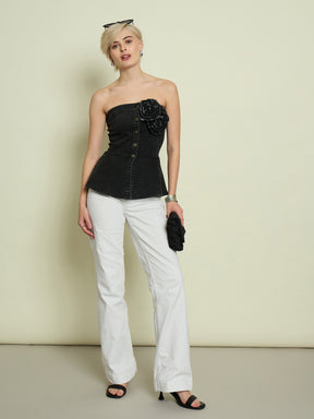 Black Denim Corsage Button Down Top-SASSAFRAS