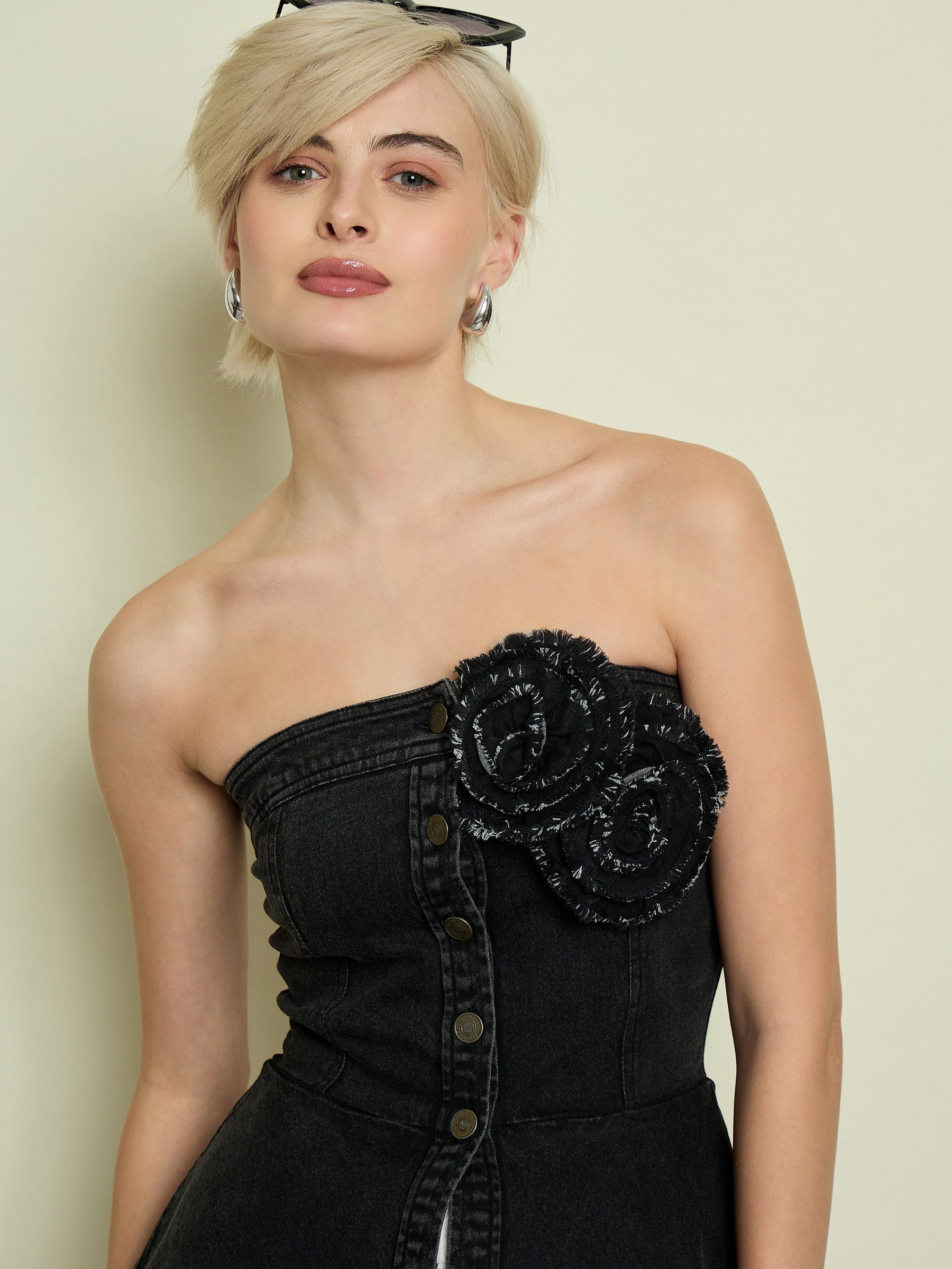 Black Denim Corsage Button Down Top-SASSAFRAS