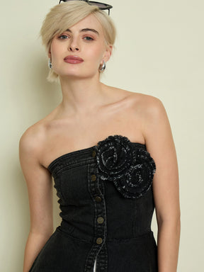 Black Denim Corsage Button Down Top-SASSAFRAS