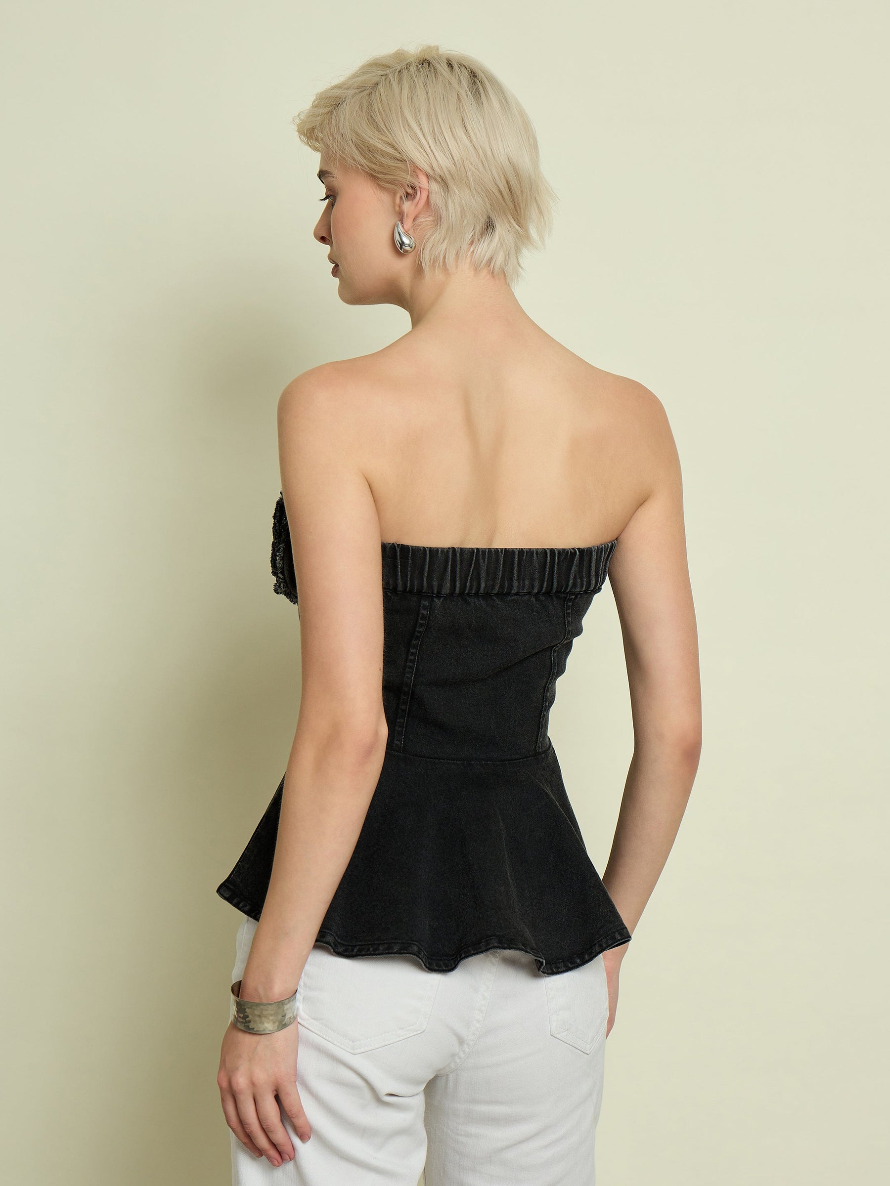 Black Denim Corsage Button Down Top-SASSAFRAS
