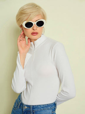 White Rib High Neck Front Zipper Top-SASSAFRAS