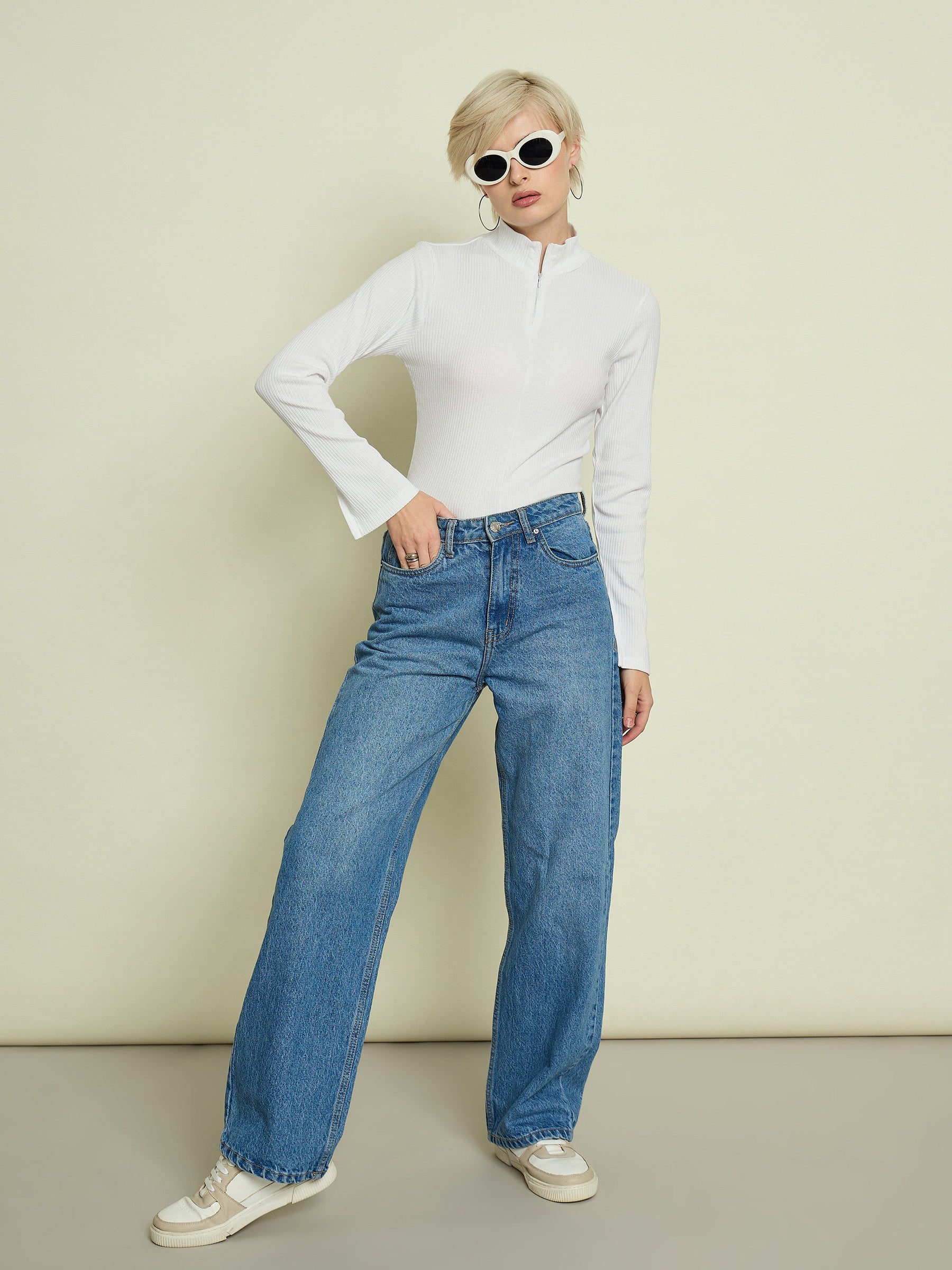 White Rib High Neck Front Zipper Top-SASSAFRAS