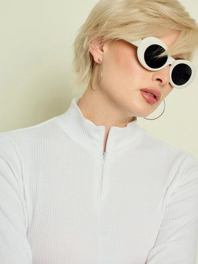 White Rib High Neck Front Zipper Top-SASSAFRAS