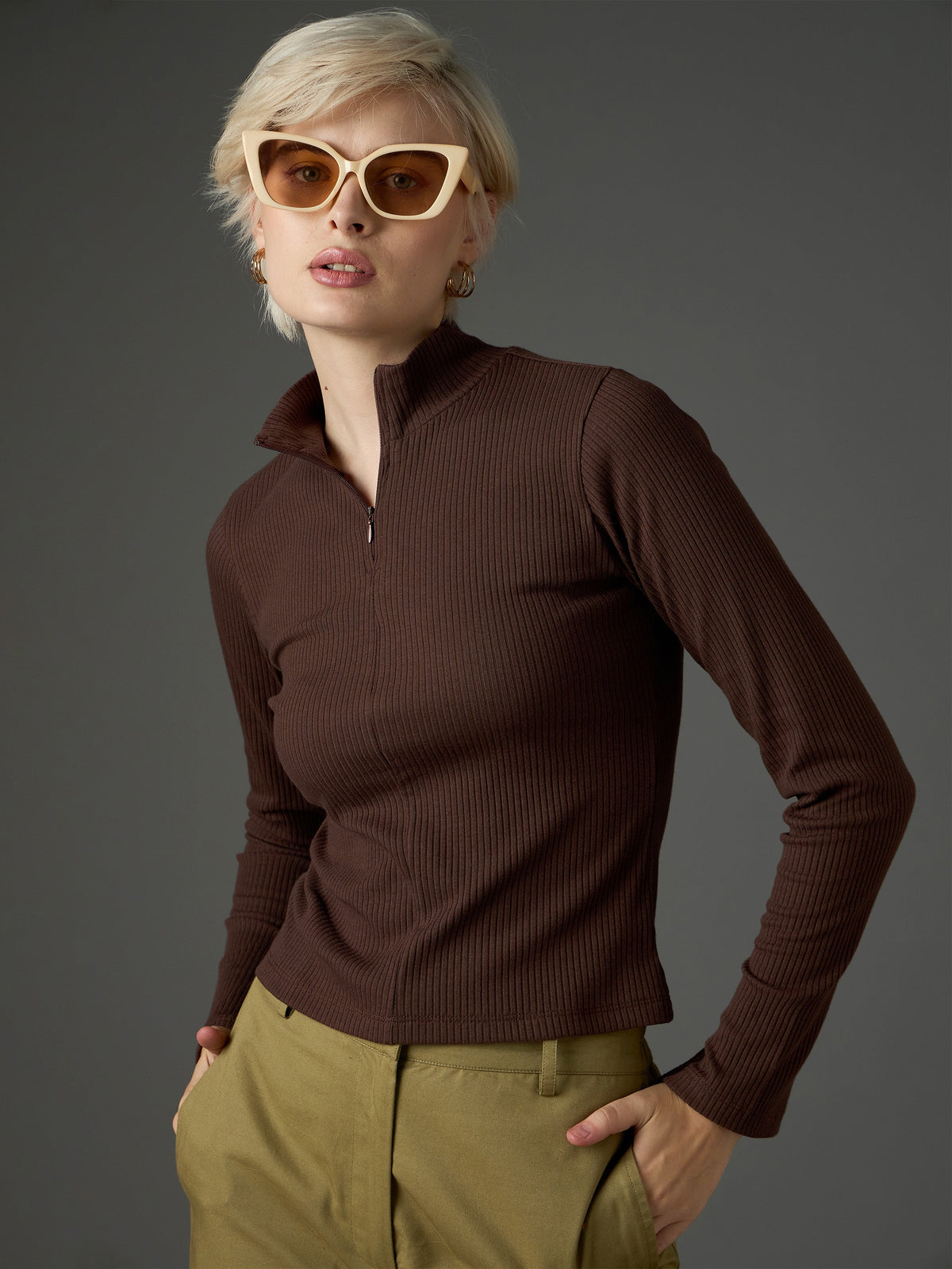 Dark Brown Rib High Neck Front Zipper Top-SASSAFRAS