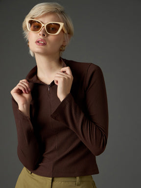 Dark Brown Rib High Neck Front Zipper Top-SASSAFRAS