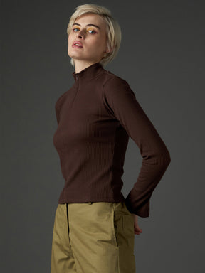 Dark Brown Rib High Neck Front Zipper Top-SASSAFRAS