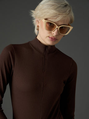 Dark Brown Rib High Neck Front Zipper Top-SASSAFRAS