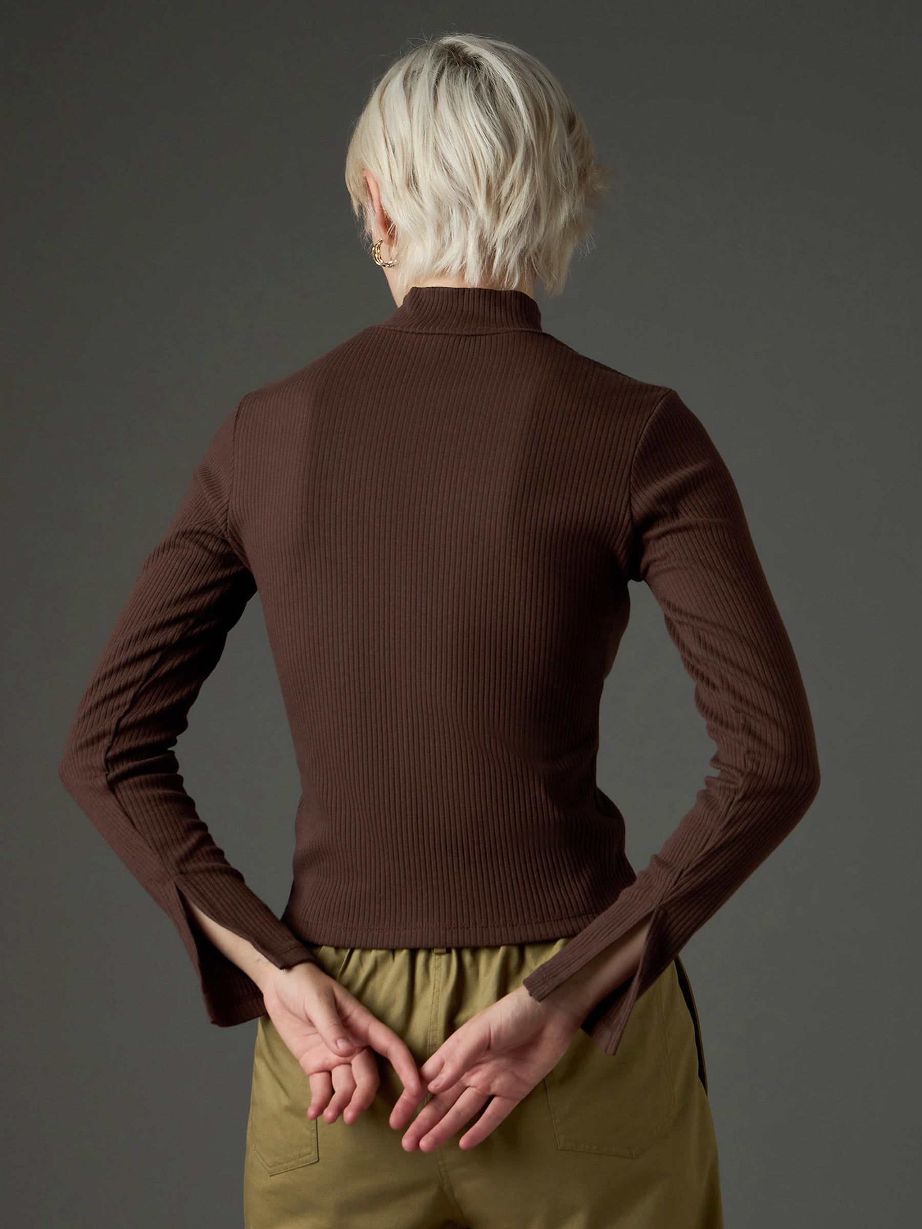 Dark Brown Rib High Neck Front Zipper Top-SASSAFRAS