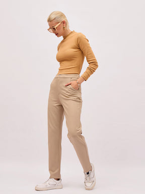 Tan High Neck Rib Top-SASSAFRAS