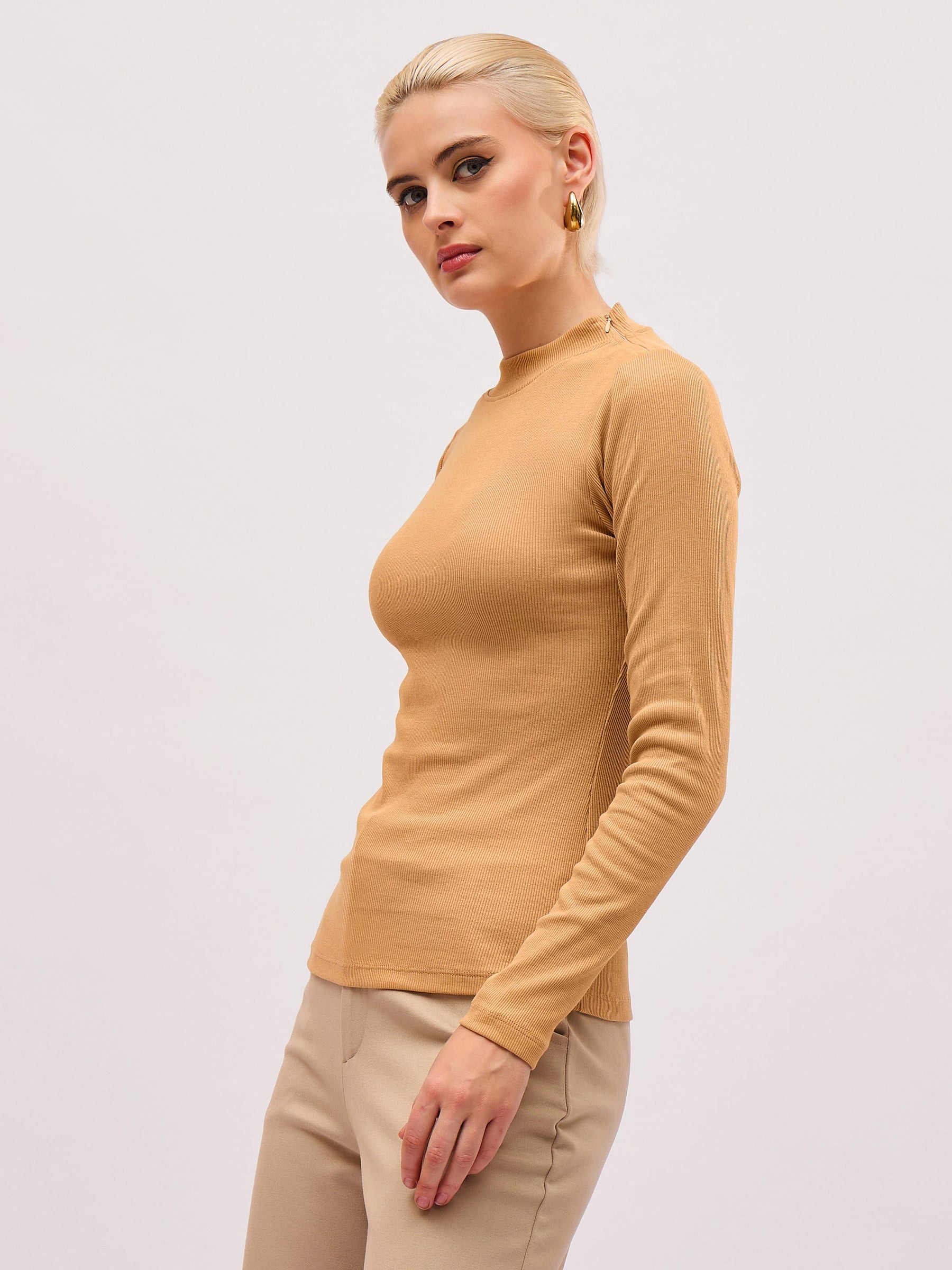 Tan High Neck Rib Top-SASSAFRAS