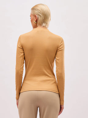 Tan High Neck Rib Top-SASSAFRAS