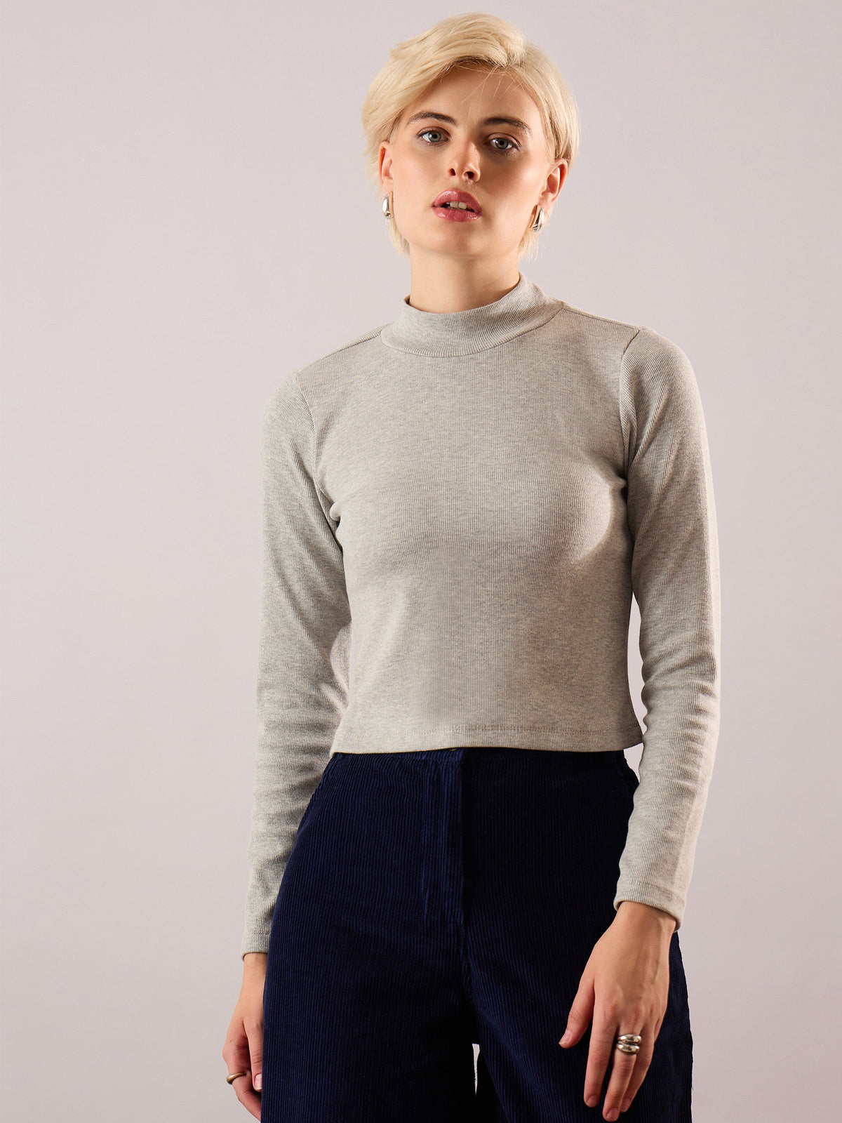 Grey Melange Rib Turtle Neck Crop Top-SASSAFRAS