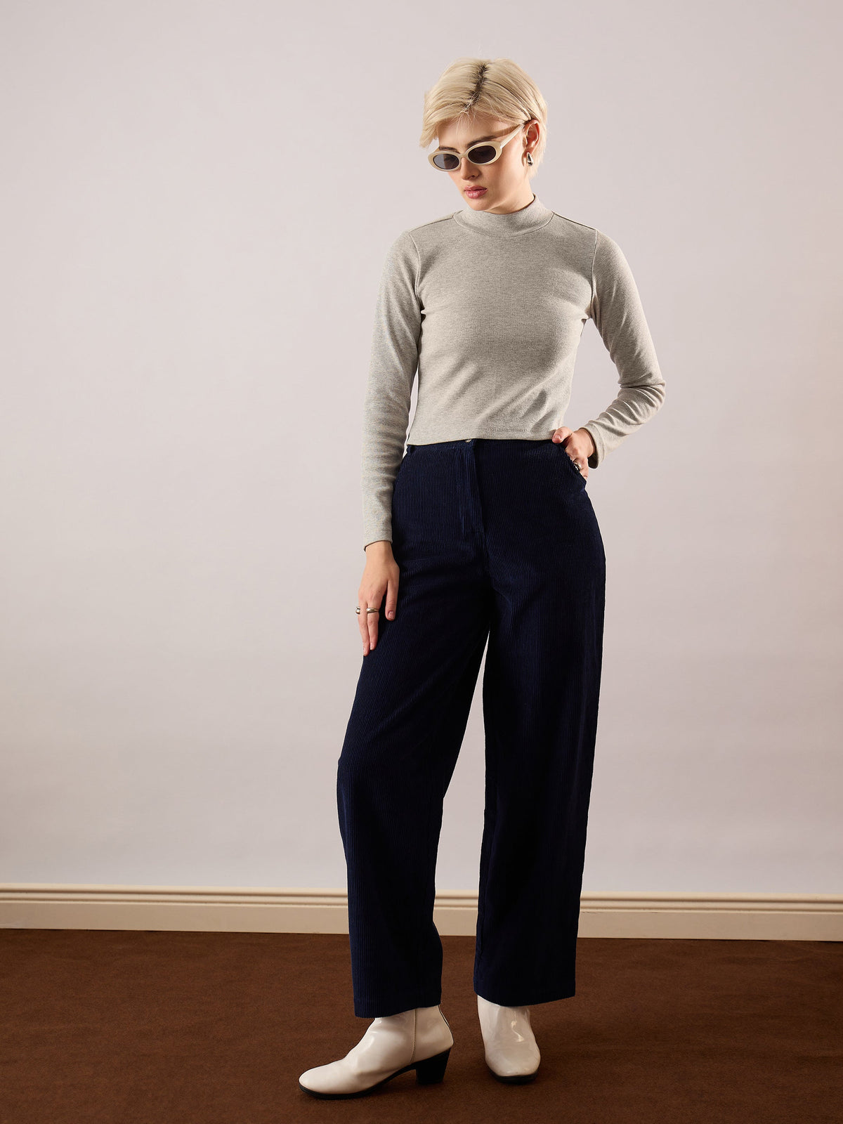 Grey Melange Rib Turtle Neck Crop Top-SASSAFRAS