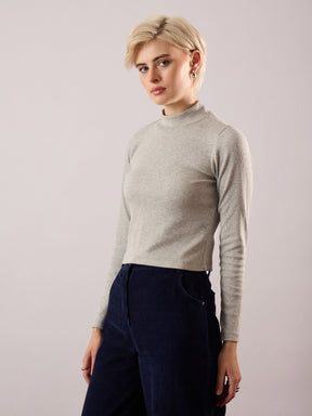 Grey Melange Rib Turtle Neck Crop Top-SASSAFRAS