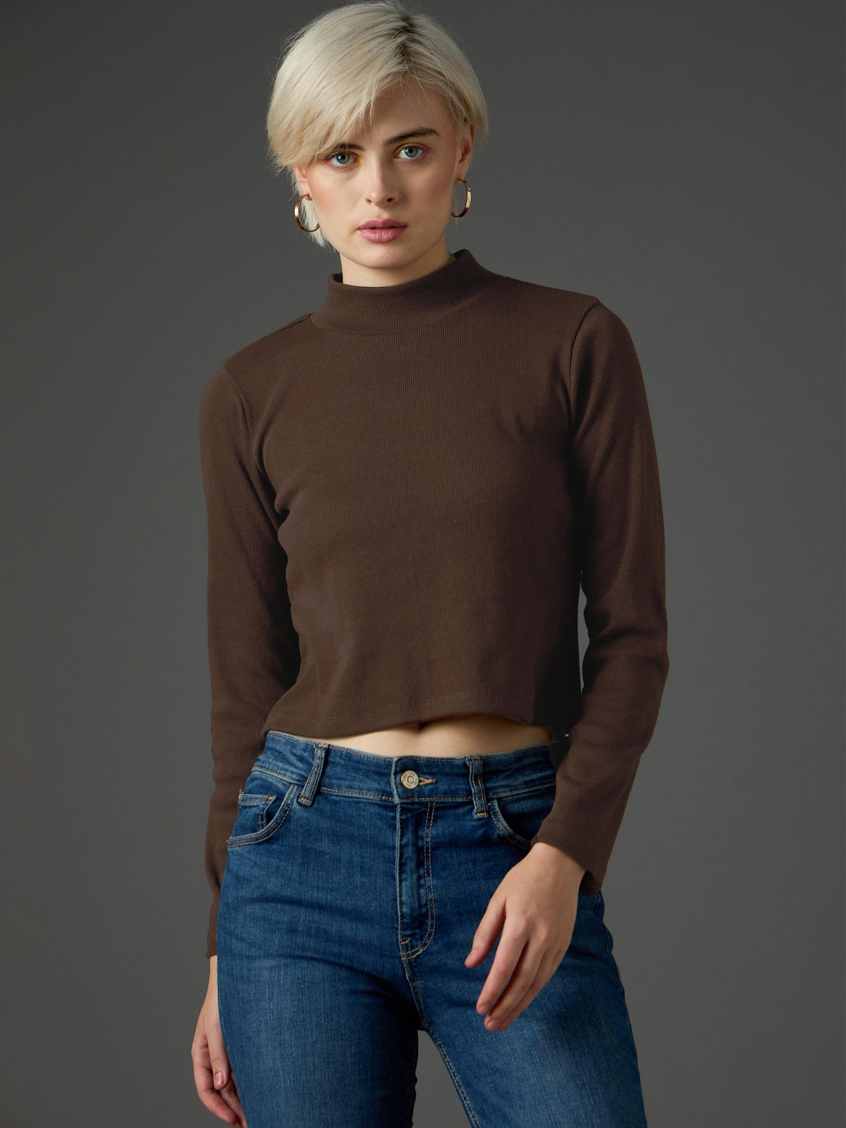 Dark Brown Rib Turtle Neck Crop Top-SASSAFRAS
