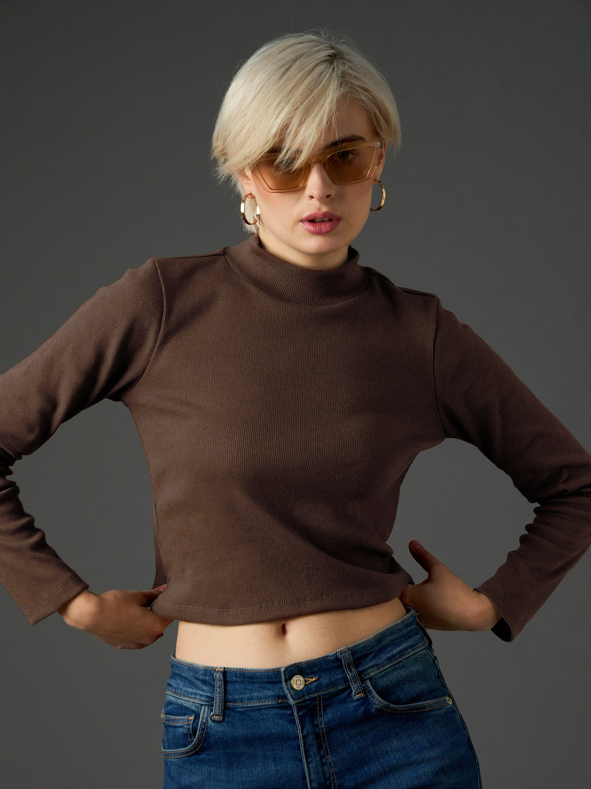 Dark Brown Rib Turtle Neck Crop Top-SASSAFRAS