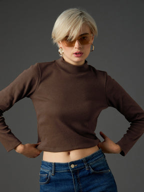Dark Brown Rib Turtle Neck Crop Top-SASSAFRAS