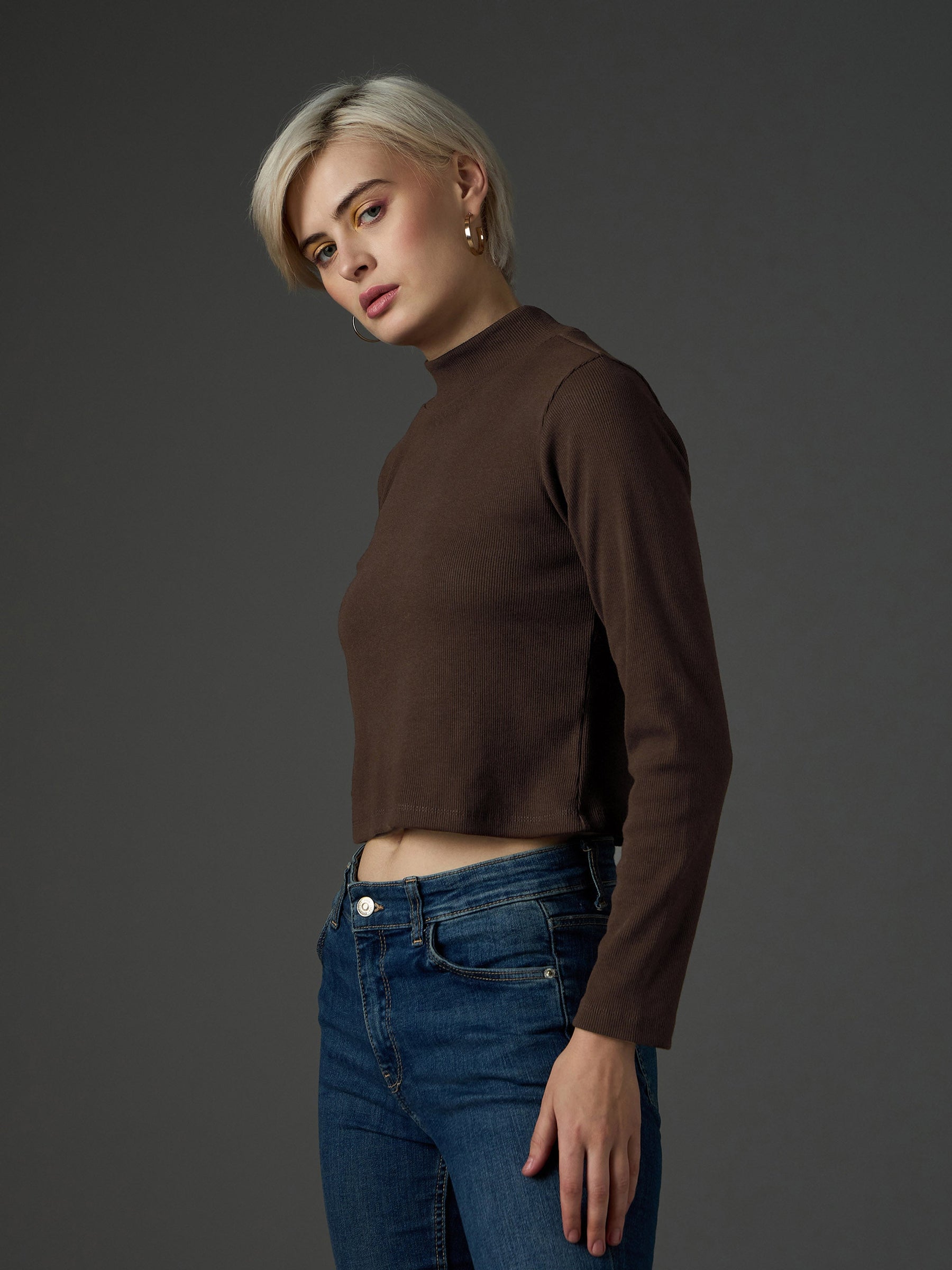 Dark Brown Rib Turtle Neck Crop Top-SASSAFRAS