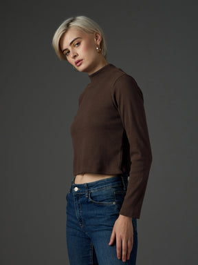 Dark Brown Rib Turtle Neck Crop Top-SASSAFRAS
