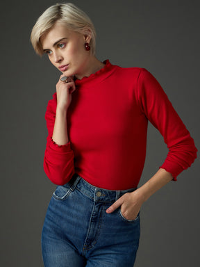 Red Rib High Neck Full Sleeve Top -SASSAFRAS