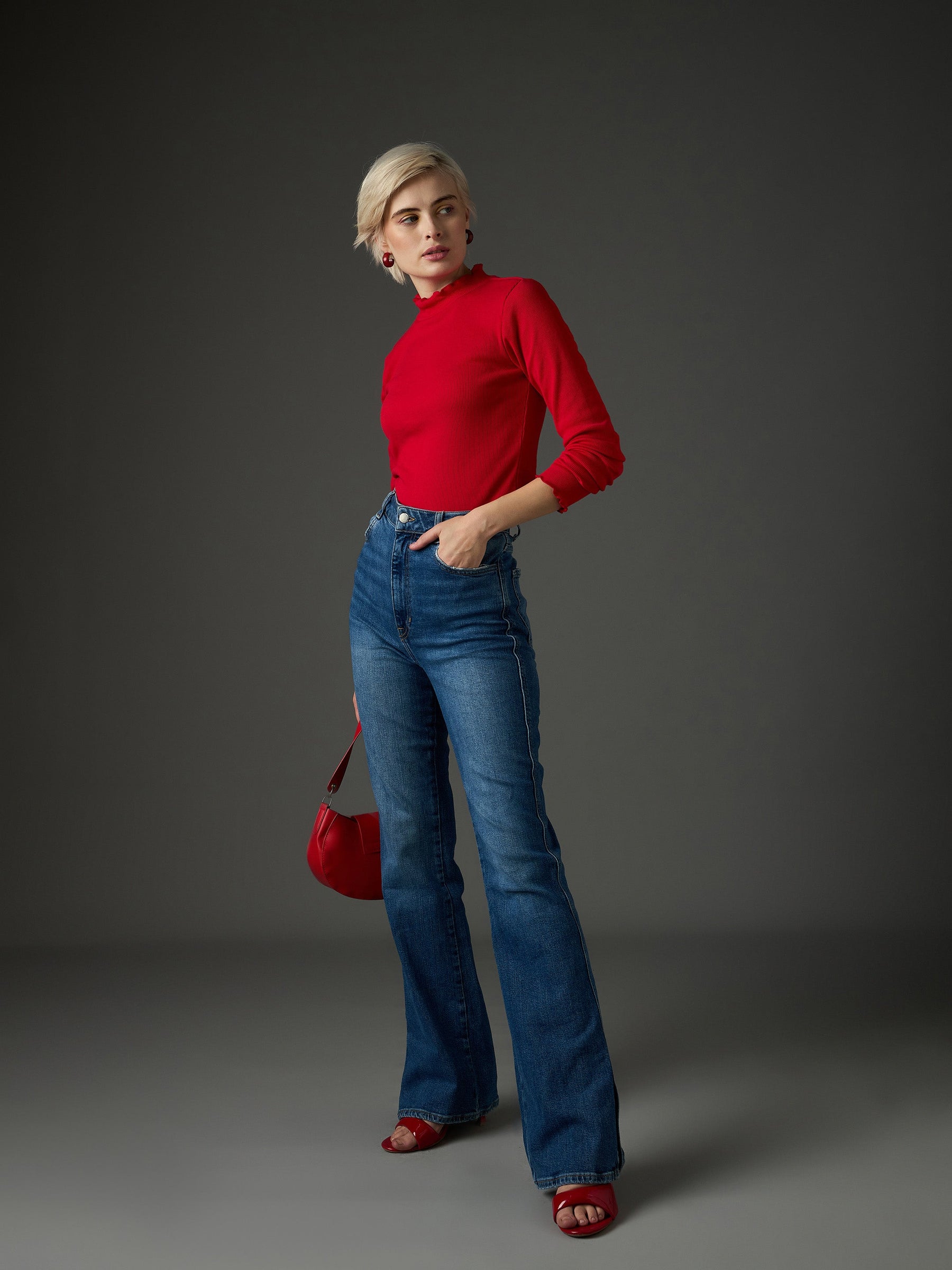 Red Rib High Neck Full Sleeve Top -SASSAFRAS