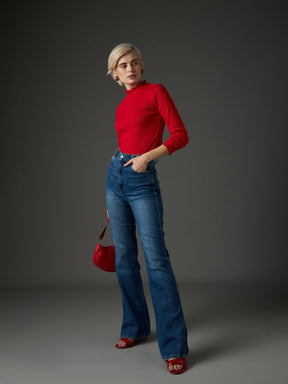 Red Rib High Neck Full Sleeve Top -SASSAFRAS
