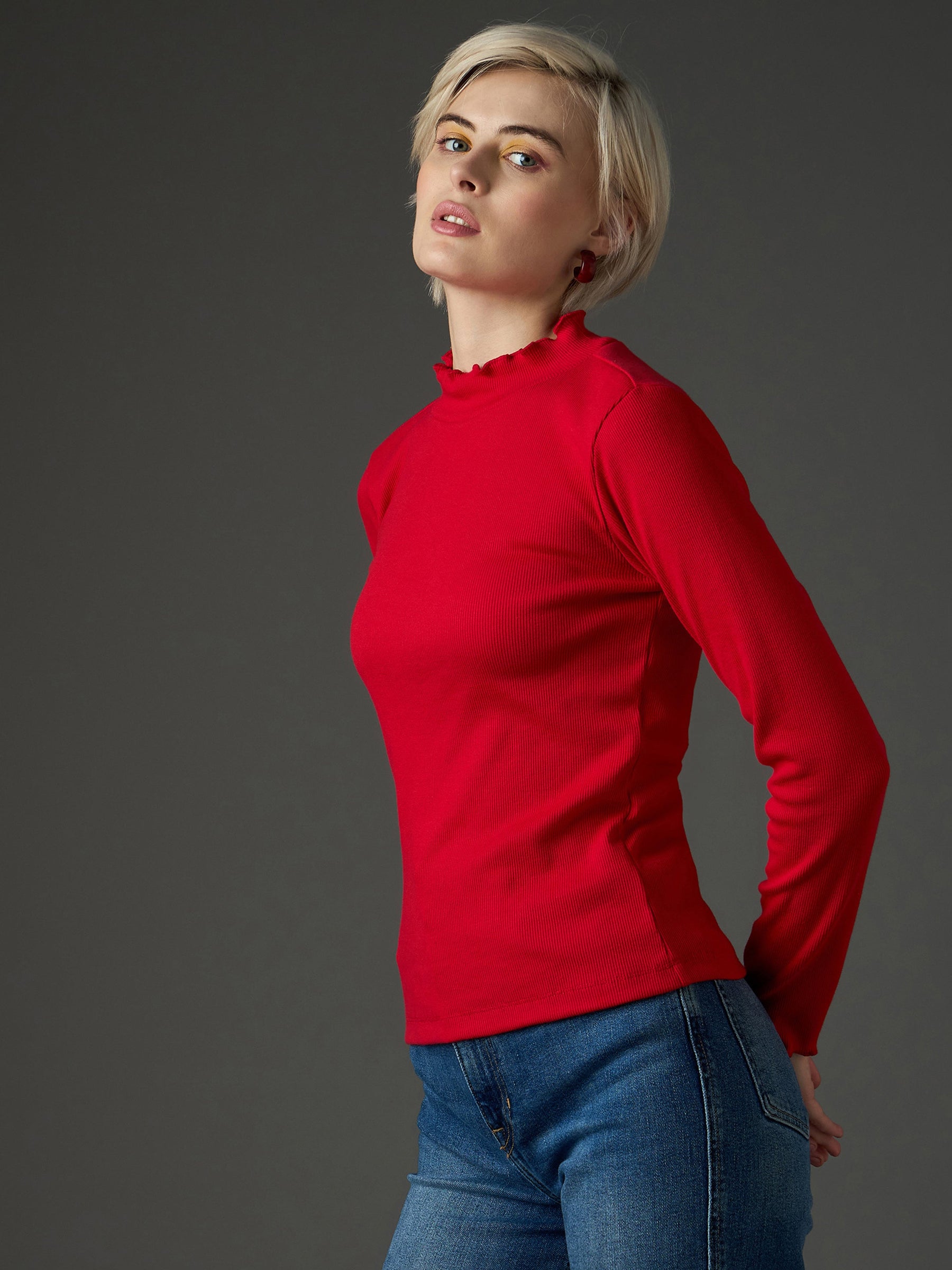 Red Rib High Neck Full Sleeve Top -SASSAFRAS
