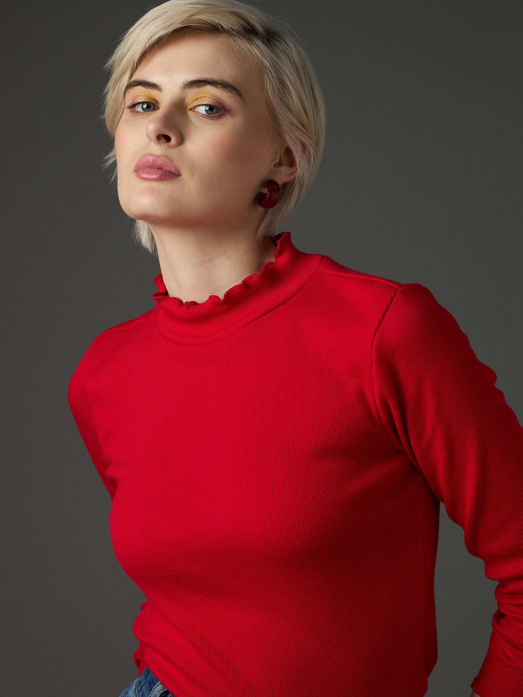 Red Rib High Neck Full Sleeve Top -SASSAFRAS