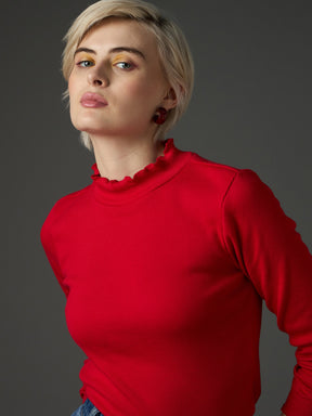 Red Rib High Neck Full Sleeve Top -SASSAFRAS