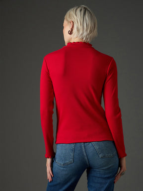 Red Rib High Neck Full Sleeve Top -SASSAFRAS