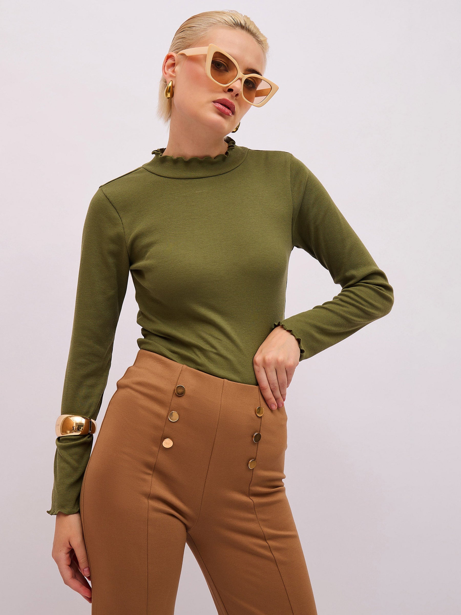 Olive Rib High Neck Full Sleeve Top -SASSAFRAS