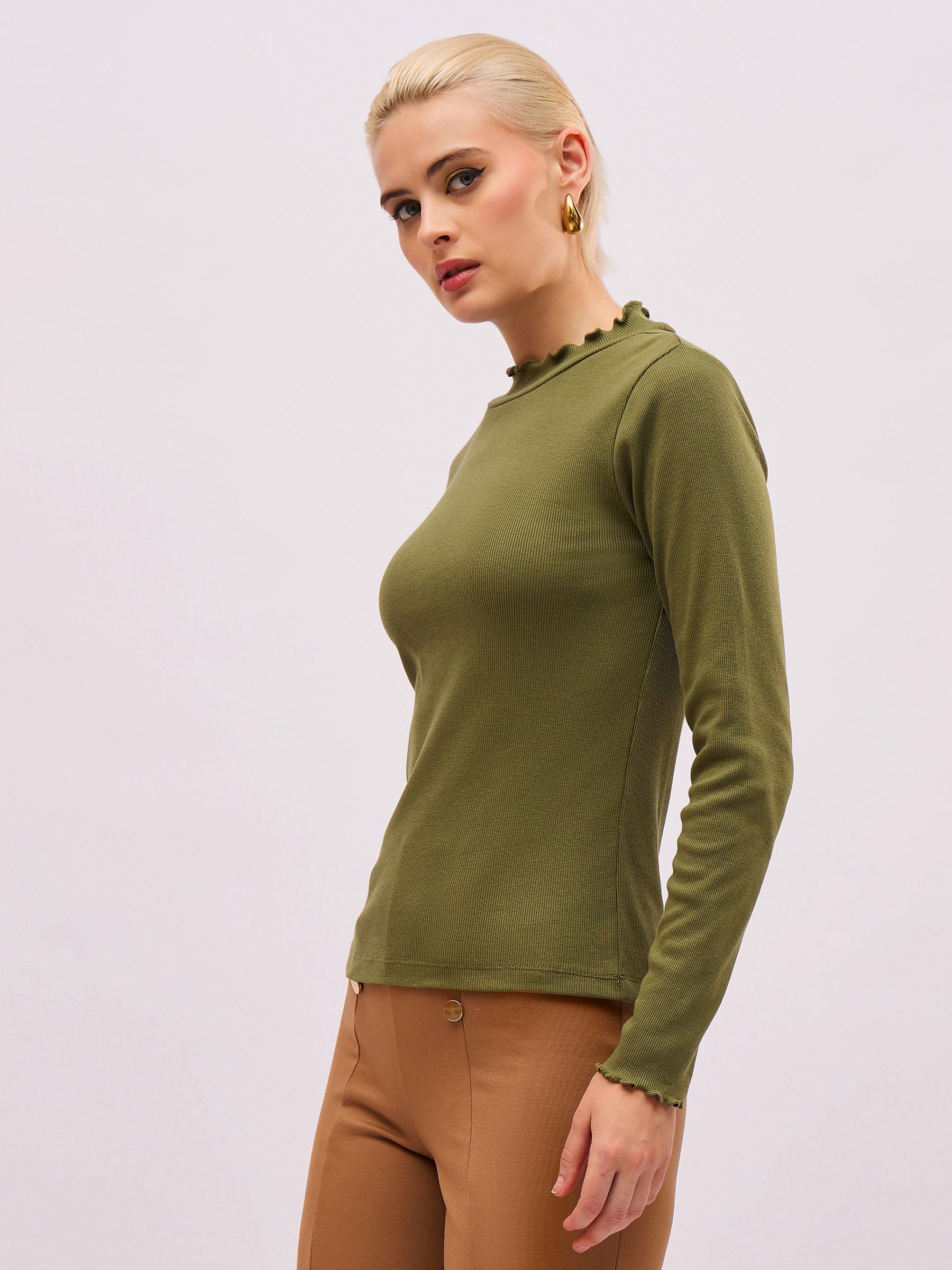 Olive Rib High Neck Full Sleeve Top -SASSAFRAS