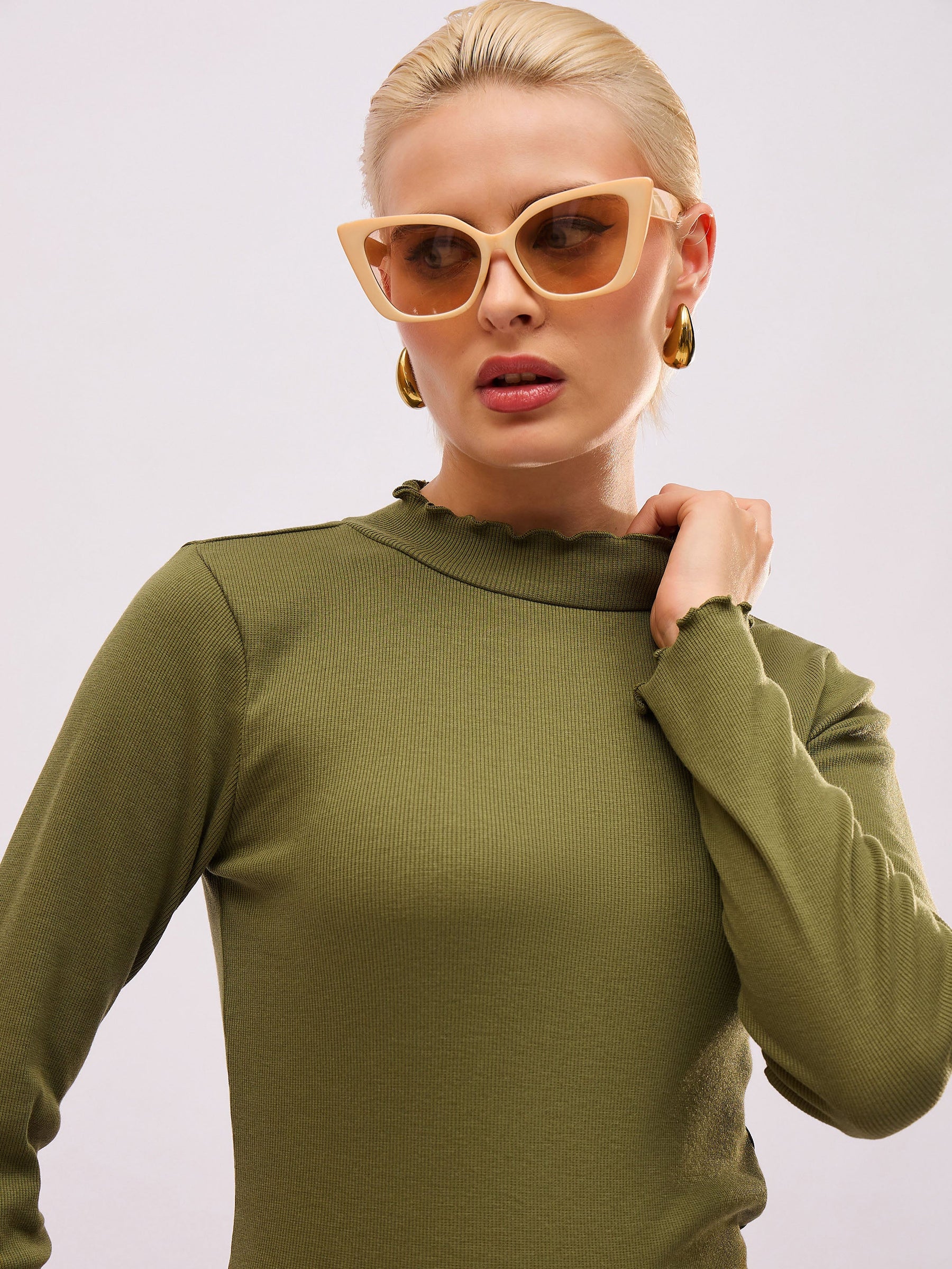 Olive Rib High Neck Full Sleeve Top -SASSAFRAS